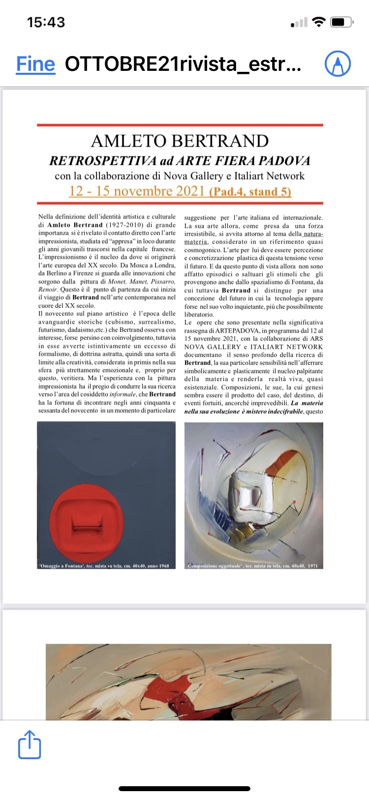 La rivista Artecultura dedica 2 pagine alla Mostra personale di Amleto Bertrand, tenutasi ad ArtePadova, Mostra internazionale d'Arte Contemporanea dal 12 al 15 Novembre 2021 - Pad. 5/ Stand 4