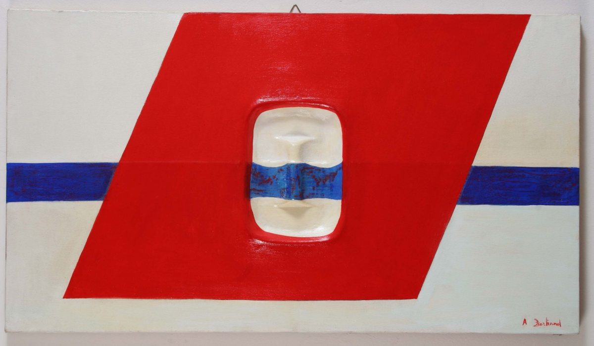 A. Bertrand, Dipinto in mostra: 'polivalenza spaziale', tecnica mista, 30x40, 1989