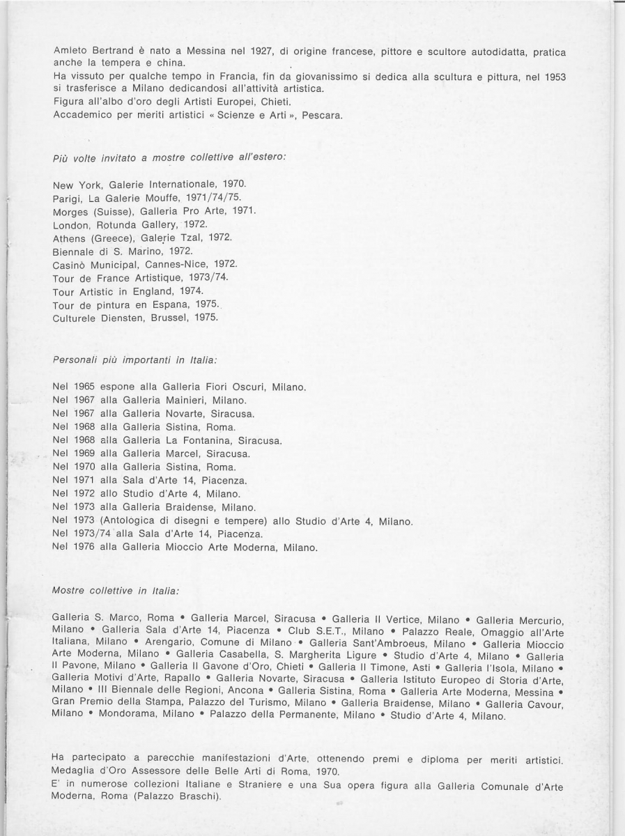 Interno 6 pag., note biografiche-bibliografiche da Catalogo Mostra Personale di A.Bertrand Galleria Mioccio di Milano, 1976