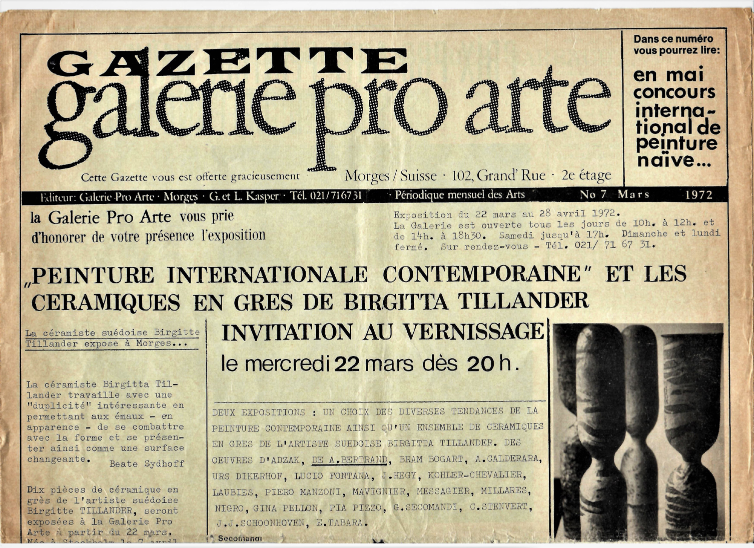 Articolo Gazette di Morges del Marzo 1972 - Pubblicazione del quadro esposto di A. Bertrand