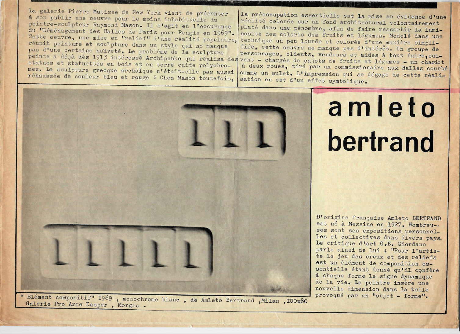 Articolo Gazette di Morges del Marzo 1972 - Pubblicazione del quadro esposto di A. Bertrand