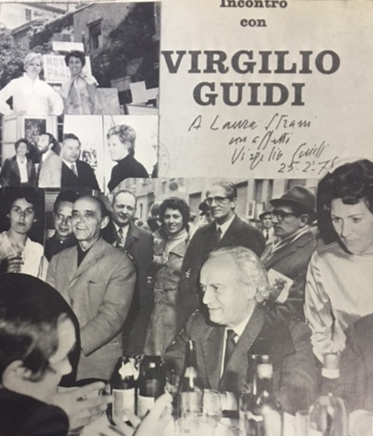 Dedica di Virgilio Guidi a Laura Strani e A.Bertrand  e al ristor. di Via Bagutta, MI, in alcuni momenti con personalità dell'arte e della cultura, fra cui Dott. RUGGERO ORLANDO, 1976